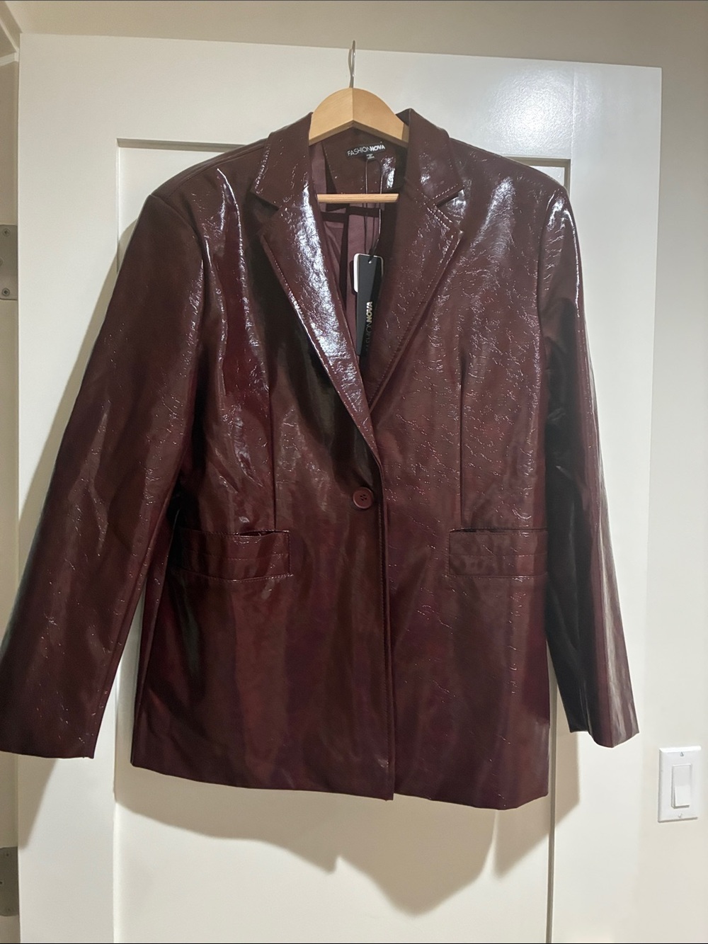 Fashion Nova Burgundy Patent Leather Blazer